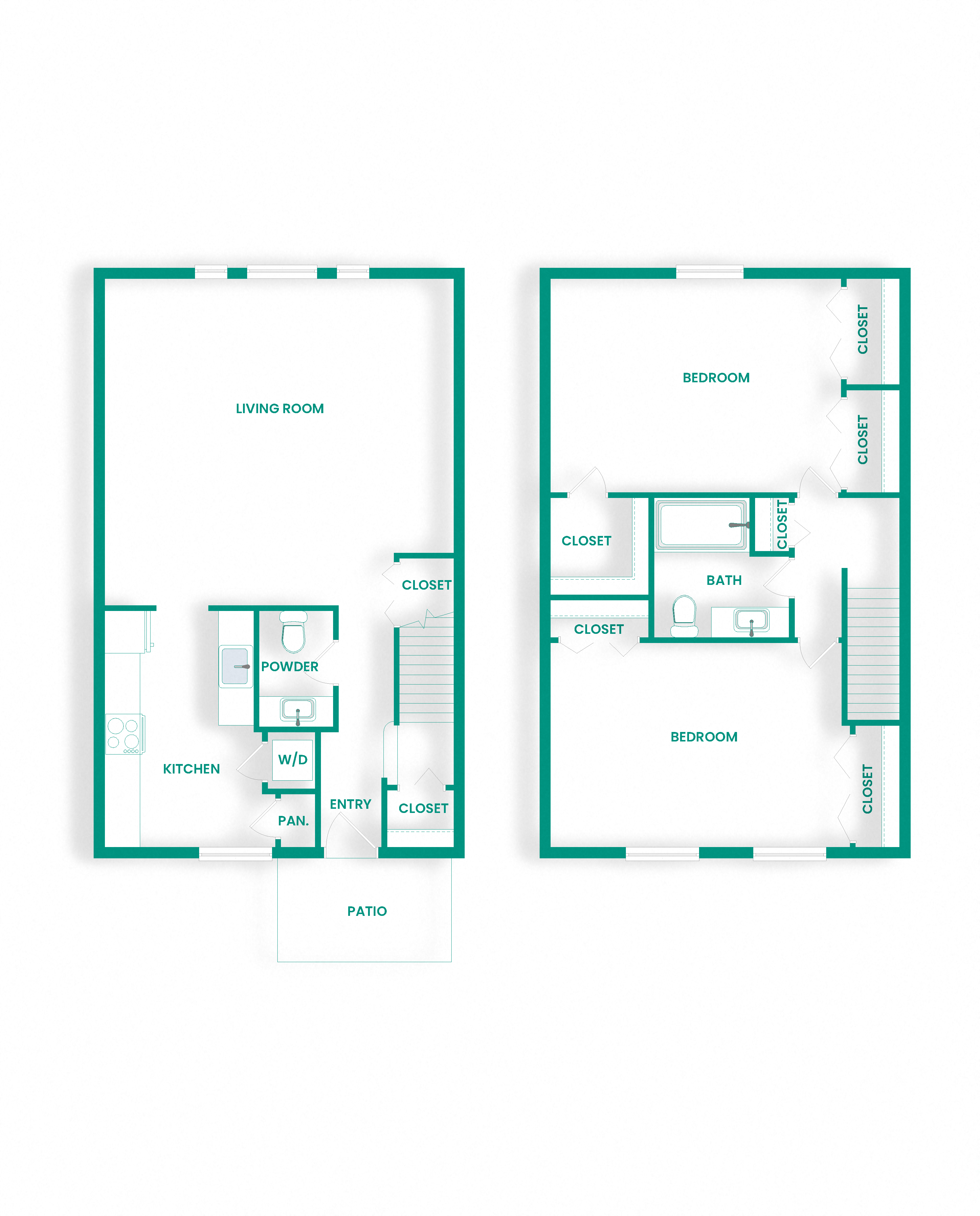 Floor plan for 2 beds, 1.5 baths, 1216 sqft